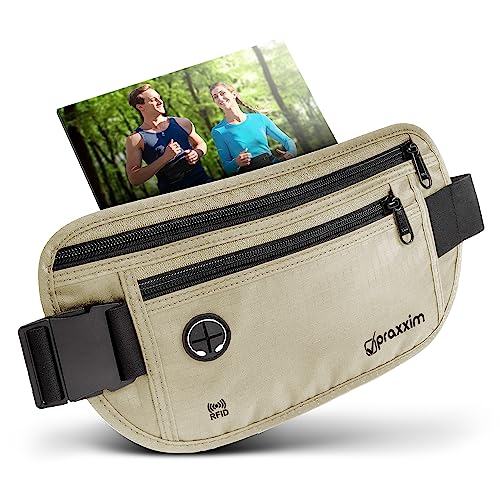 praxxim Die Bauchtasche zum Joggen - Perfekt sitzende Lauftasche - Bauchtasche Damen & Herren - Gürteltasche - Laufgürtel für Jogging und alle Handy Größen (beige) von praxxim