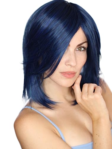 Prettyland blau-schwarz gemischt gesträhnt Mittellange glatte Damen Perücke mit Pony Manga Anime Wig C305 von prettyland