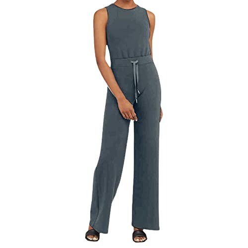 Air Essentials Jumpsuit Damen Elegant Casual Ärmelloser Einfarbiger Jumpsuits für Damen Mit Weitem Bein Rundhals Ausschnitt Jumpsuit Mit Taschen Elastischer Hohen Taille Kordelzug Romper Overall Damen von pvucpot