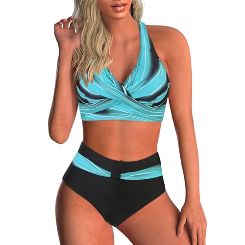 Bikini Damen Bauchweg Große Brüste Badeanzug High Waist Push Up Bikinis für Damen V Ausschnitt Blumenmuster Bademode Bauchkontrolle Zweiteilige Bademode Swimsuit Badeanzug Strand Ties Swimsuit von pvucpot