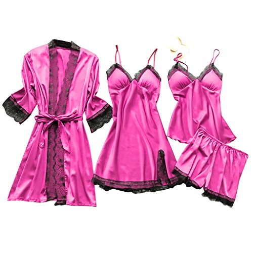 Damen 5 Stücke Satin Schlafanzug Set Spitze Kimono Robe Pyjama Set Sexy Negligee und Shorts Nachthemd 4-teiliges Set, Mit Brustpolster von pvucpot