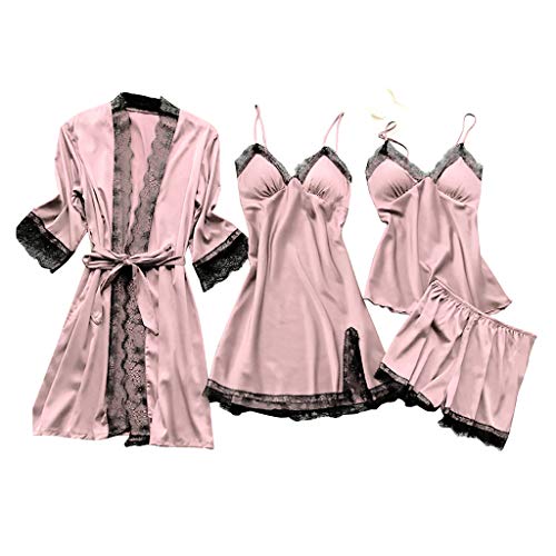 Damen 5 Stücke Satin Schlafanzug Set Spitze Kimono Robe Pyjama Set Sexy Negligee und Shorts Nachthemd 4-teiliges Set, Mit Brustpolster von pvucpot