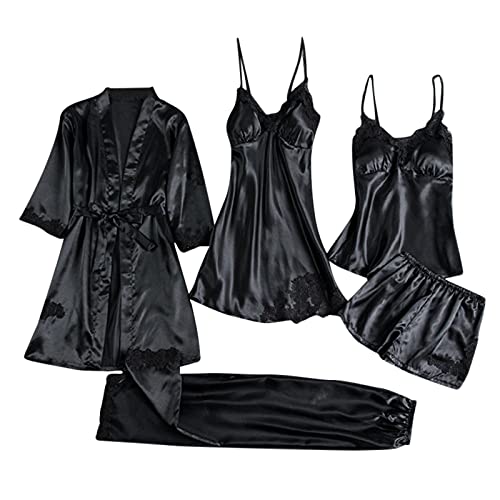 Damen 5 Stücke Satin Schlafanzug Set Spitze Kimono Robe Pyjama Set Sexy Negligee und Shorts Nachthemd 4-teiliges Set, Mit Brustpolster von pvucpot