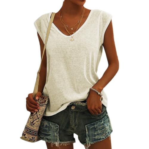 Damen-T-Shirt mit Flügelärmeln Sommer-Tanktop schlicht lässig lockere Passform Blusen Tops Lässiges Loses T-Shirt von pvucpot