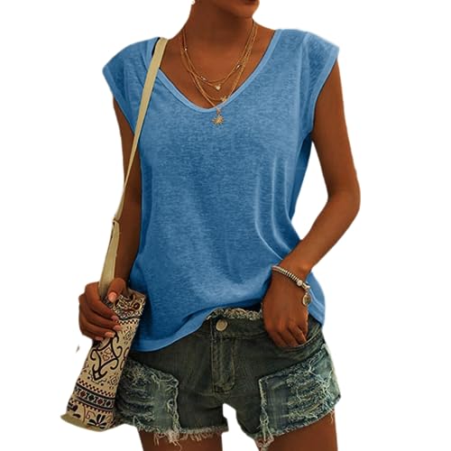 Damen-T-Shirt mit Flügelärmeln Sommer-Tanktop schlicht lässig lockere Passform Blusen Tops Lässiges Loses T-Shirt von pvucpot