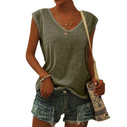 Damen-T-Shirt mit Flügelärmeln Sommer-Tanktop schlicht lässig lockere Passform Blusen Tops Lässiges Loses T-Shirt von pvucpot