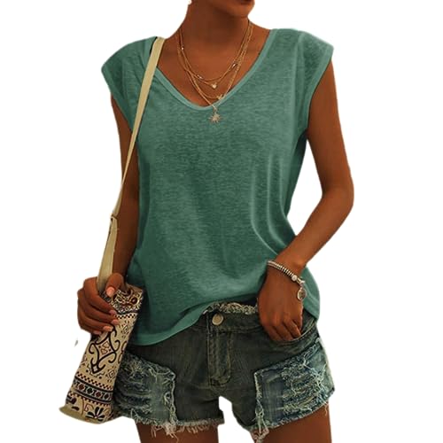 Damen-T-Shirt mit Flügelärmeln Sommer-Tanktop schlicht lässig lockere Passform Blusen Tops Lässiges Loses T-Shirt von pvucpot