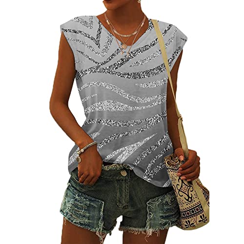 Damen-T-Shirt mit Flügelärmeln Sommer-Tanktop schlicht lässig lockere Passform Blusen Tops Lässiges Loses T-Shirt von pvucpot