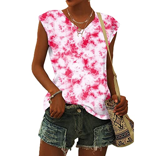 Damen-T-Shirt mit Flügelärmeln Sommer-Tanktop schlicht lässig lockere Passform Blusen Tops Lässiges Loses T-Shirt von pvucpot