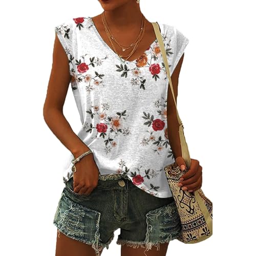 Damen-T-Shirt mit Flügelärmeln Sommer-Tanktop schlicht lässig lockere Passform Blusen Tops Lässiges Loses T-Shirt von pvucpot