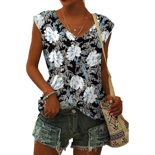 Damen-T-Shirt mit Flügelärmeln Sommer-Tanktop schlicht lässig lockere Passform Blusen Tops Lässiges Loses T-Shirt von pvucpot