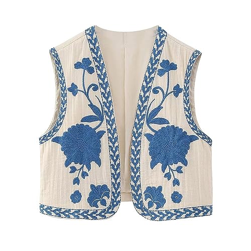 Damen Vintage Blumen Stickerei Kurze Weste Jacke Ärmellose Ethnische Bestickte Weste Traditionelle V-Ausschnitt Boho Westen für Frauen Patchwork Hippie Tops Vest von pvucpot