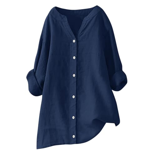 Lange Leinenbluse Damen Bluse Oversize Langarm Shirt Baumwolle Leinen Hemdbluse Elegant Übergröße Longbluse Festliche Oberteil Einfarbig Lose Leinenoberteile Langarmshirt von pvucpot