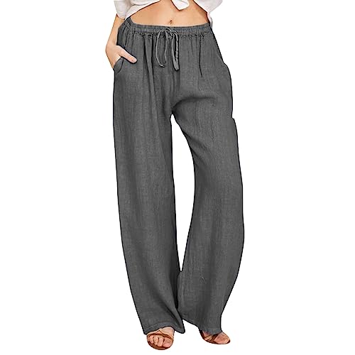 Leinenhose Damen Sommer Freizeit Hose Lang Locker Sommerhose Casual Einfarbig Leinenhose Baumwolle Gerades Bein Bequeme Stoffhose Leicht Einfarbig Strandhose mit Kordelzug und Taschen Freizeithose von pvucpot