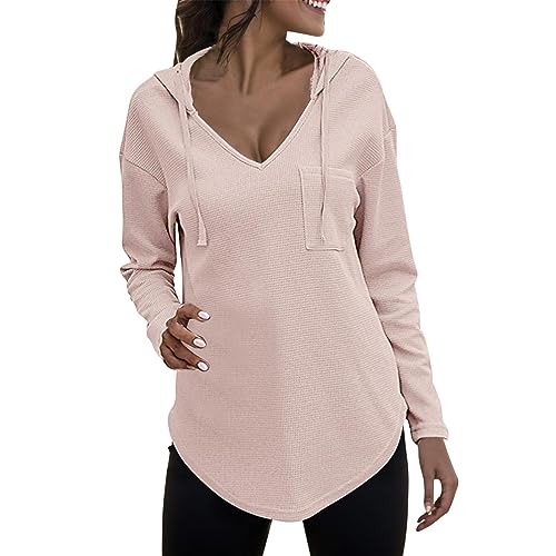 Pullover Damen Hoodie Langarm V Ausschnitt Pullover Sweatshirt Kapuzenpullover Einfarbig Drawstring Top Damen Leichter Pullover Hoodie Sweatshirs mit Taschen für den Herbst Langarm Tops Oberteile von pvucpot