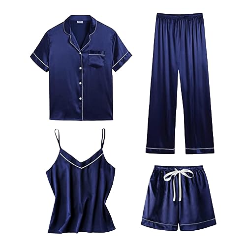 Satin Pyjama Damen Kurz 4-teiliges Schlafanzug Kurzarm Nachtwäsche Cami and Shorts Set Frauen Pjs Sets Hausanzug Loungewear Schlafanzug Plaid Pajamas Set Nachtwäsche Schlafhose Schlafanzüge Hausanzug von pvucpot