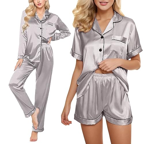 Satin Pyjama Damen Kurz 4-teiliges Schlafanzug Kurzarm Nachtwäsche Cami and Shorts Set Frauen Pjs Sets Hausanzug Loungewear Schlafanzug Plaid Pajamas Set Nachtwäsche Schlafhose Schlafanzüge Hausanzug von pvucpot