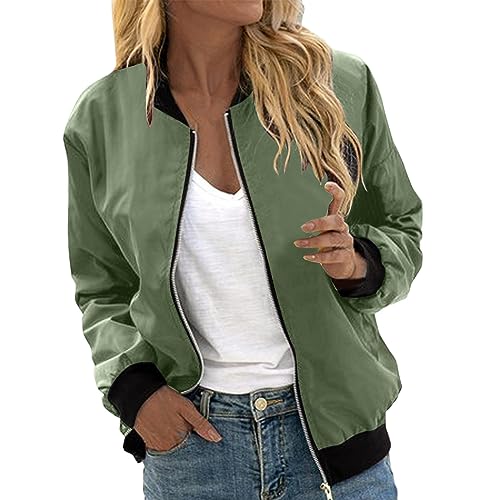 pvucpot Damen Casual Jacke Langarm Bomberjacke Reißverschluss Stehkragen Outwear Kurz Coat Herbst Frühling Casual Jacke Vintage Baseballkragen Jacke Langarm Outwear Kurz Coat Herbst Übergangsjacke von pvucpot