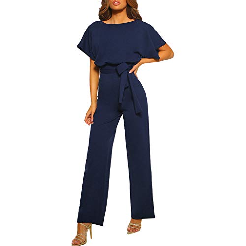 pvucpot Damen Kurzarm Lang Jumpsuit Elegant Overall Jumpsuits O-Ausschnitt Playsuit Romper Hosenanzug mit Gürtel (Marine, XXXL) von pvucpot