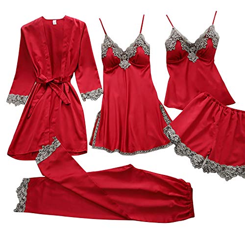 pvucpot Damen Nachtwäsche 5 teiliges Pyjama Set mit Blumenmuster Spitzenbesatz Satin Cami Pyjama-Set mit Robe von pvucpot