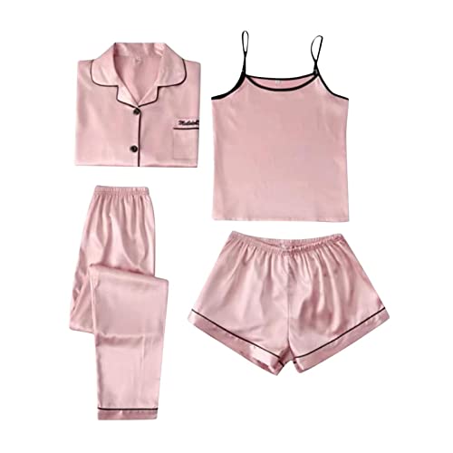 pvucpot Satin Pyjama Damen Kurz 4-teiliges Schlafanzug Kurzarm Nachtwäsche Cami and Shorts Set Frauen Pjs Sets Hausanzug Loungewear von pvucpot