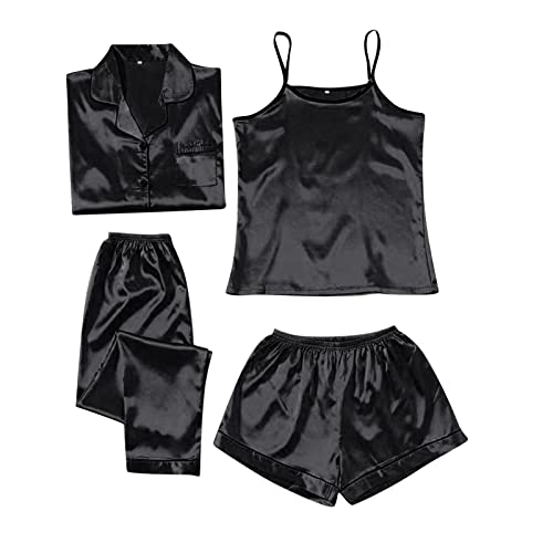 pvucpot Satin Pyjama Damen Kurz 4-teiliges Schlafanzug Kurzarm Nachtwäsche Cami and Shorts Set Frauen Pjs Sets Hausanzug Loungewear von pvucpot