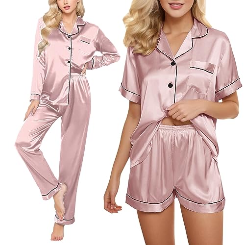 pvucpot Satin Schlafanzug Damen Lang 4-teiliges Pyjama Sets Cami Top and Shorts Set Nachtwäsche Frauen Seidenpyjama von pvucpot