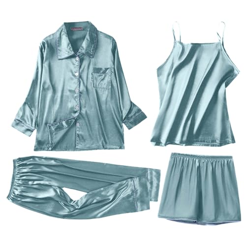 pvucpot Satin Schlafanzug Damen Lang 4-teiliges Pyjama Sets Cami Top and Shorts Set Nachtwäsche Frauen Seidenpyjama von pvucpot