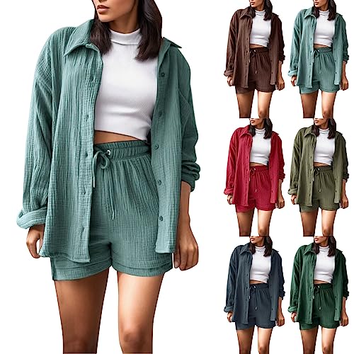 pvucpot Zweiteiler Damen Sommer Musselin Bluse Hemd und Shorts Clothes Aesthetic Zweiteiler Lounge Set Strand Outfit Set Two Piece Set Women Zweiteiler Set Baumwolle von pvucpot