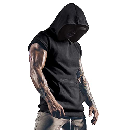 Herren Tank Top mit Kapuze Ärmelloser Muskelshirt Achselshirt Workout Sport Fitness Hoodie Kapuzenpullover Sommer Gym Bodybuilding Shirt Tanktop Schwarz Leicht Trägershirt Unterhemden mit Handytaschen von pxjsdwe