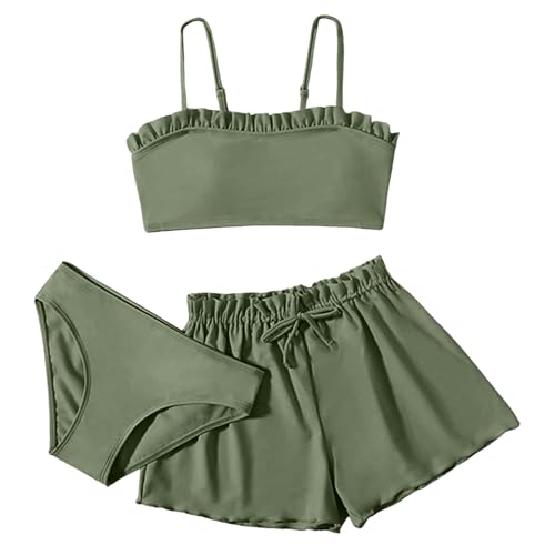 pxjsdwe 3er Set Mädchen Bikini 164 Teenager Einfarbiges 3-Teiliger Badeanzug Tankini Rüschen Riemchen Bikini Oberteil mit Triangel Bikinihose und Kurz Shorts Set Sommer Strand Bademode für 8-16 Jahre von pxjsdwe