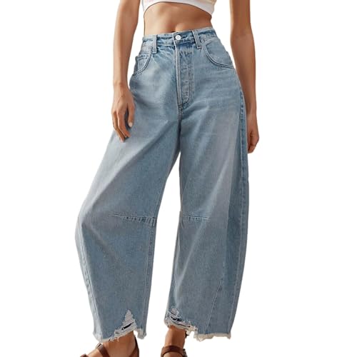 pxjsdwe Barrel Jeans Damen 7/8 Jeans Mid Rise Stretch Lose Cropped Pants Baggy Jeans Y2k Weites Bein Jeanshose Denim 7/8 Hose Damen Streetwear von pxjsdwe