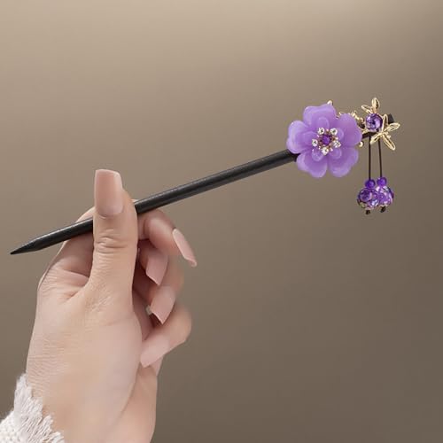 qbodp 2 Stück Haarspangen Aus Holz Für Damen, Chinesische Haarstäbchen Für Dutts, Blumen Dekorative Essstäbchen Haar Accessoires Ästhetische Haarnadeln, Violett von qbodp