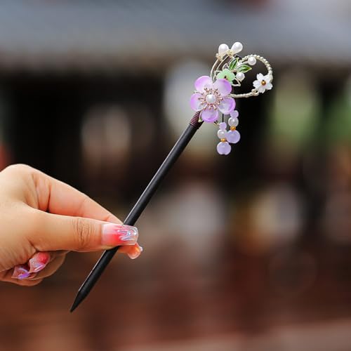 qbodp 2 Stück Haarspangen Aus Holz Für Damen, Chinesische Haarstäbchen Für Dutts, Blumen Dekorative Essstäbchen Haar Accessoires Ästhetische Haarnadeln, Violett von qbodp