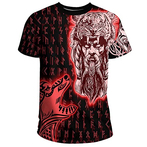 Viking Odin und Wolf Pullover Zip Hoodies Sweatshirt T-Shirt 3D-Druck Tattoo für Männer (Color : Red t-shirt 1, Size : 6XL) von qsebhnj