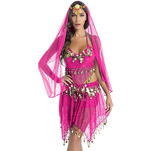 ranrann Bauchtanz Kostüm Damen Indische Tanz Outfits Oberteil BH Tanzrock mit Schleier Kopfschmuck Frauen Tanzbekleidung Halloween Karneval Kostüm Hot Pink One Size von ranrann