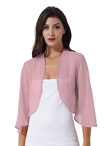 ranrann Chiffon Bolero Damen Festlich Schulterjacke Kurz Jacke Strickjacke Cardigan Vorne Offen Elegant Hochzeit Party Outfit Alte Rosa L von ranrann