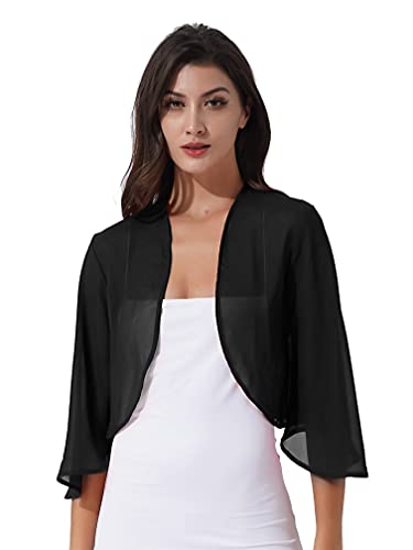 ranrann Chiffon Bolero Damen Festlich Schulterjacke Kurz Jacke Strickjacke Cardigan Vorne Offen Elegant Hochzeit Party Outfit Schwarz L von ranrann