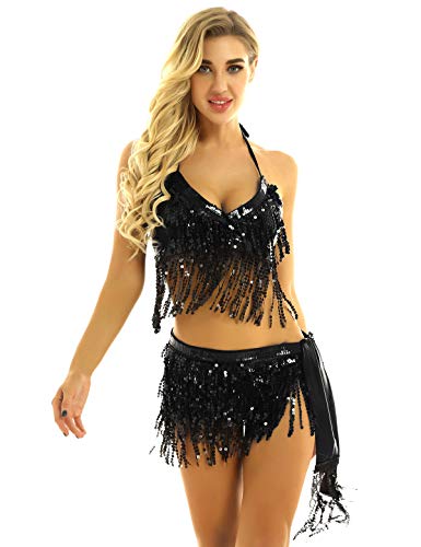 ranrann Damen Glänzende Bauchtanz Latein Rumba Kostüm Pailletten Fransen BH Top mit Hüfttuch Wickelrock Tanzbekleidung für Auftritt Performance Schwarz One Size von ranrann