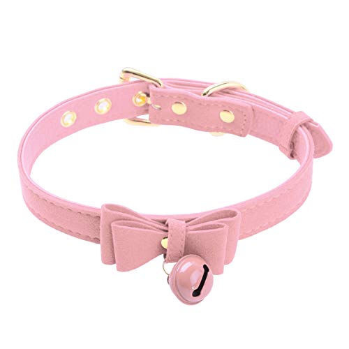 ranrann Damen PU Leder Halsband Halskette Choker Kragen mit Bowknot Glocke Verstellbar Katzen Cosplay Kostüm Accessoire Zubehör für Karneval Fasching Party Rosa Einheitsgröße von ranrann