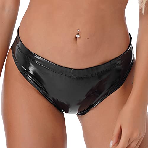 ranrann Damen Sexy Slip Unterhose Panty Tanga aus Lack Leder mit Reißverschluss Ouvert Dessous Unterwäsche Cut Out Frauen Bikini Briefs Shorts Schwarz C L von ranrann