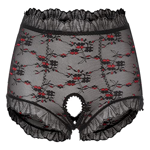 ranrann Damen Slip Ouvert Offener Schritt Unterhose Briefs Höschen Boxershorts Sexy Spitzen Shorts Erotik Unterwäsche Dessous Reizwäsche Durchsichtig Schwarz X XL von ranrann