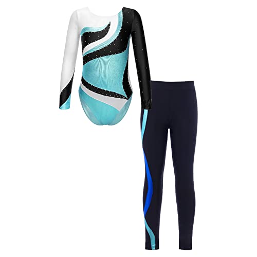 ranrann Gymnastikanzug Mädchen Langarm Trikot Body mit Hose Lange Leggins Eng Turnanzug Trikotanzug Kinder Tanzkleidung Ballett Turnen B Blau 122-128 von ranrann