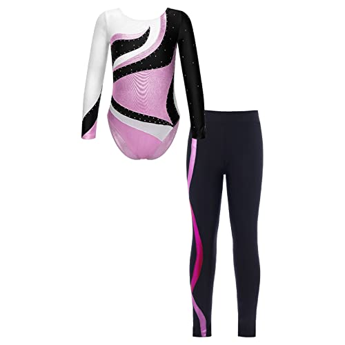 ranrann Gymnastikanzug Mädchen Langarm Trikot Body mit Hose Lange Leggins Eng Turnanzug Trikotanzug Kinder Tanzkleidung Ballett Turnen B Rosa 134-140 von ranrann