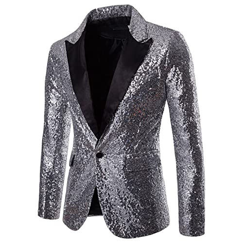 ranrann Herren Glizter Jacke Pailletten Anzugjacke Sakko Langarm Oberteil Top Smoking Festlich Party Hochzeit Fasching Bühne Kostüm Silber B L von ranrann