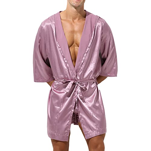 ranrann Herren Satin Pyjama Schlafanzug Kurz/Lang Bademantel Morgenmantel mit Gürtel Sexy Männer Nachthemd Sommer Erotik Nachtwäsche Alte Rosa C_Ohne Shorts L von ranrann