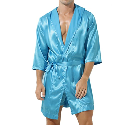 ranrann Herren Satin Pyjama Schlafanzug Kurz/Lang Bademantel Morgenmantel mit Gürtel Sexy Männer Nachthemd Sommer Erotik Nachtwäsche Blau C_Ohne Shorts M von ranrann