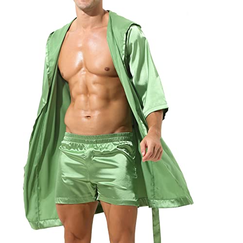 ranrann Herren Satin Pyjama Schlafanzug Kurz/Lang Bademantel Morgenmantel mit Gürtel Sexy Männer Nachthemd Sommer Erotik Nachtwäsche Grün C_Ohne Shorts M von ranrann