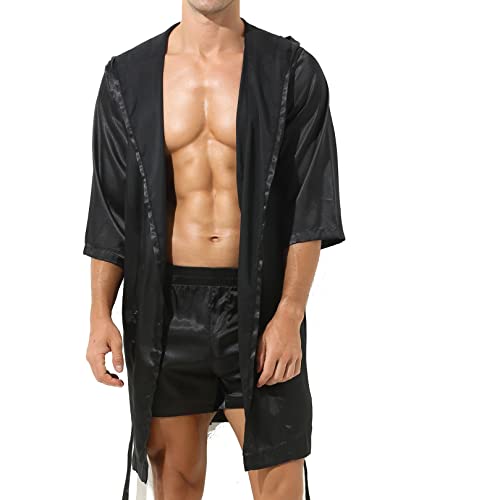 ranrann Herren Satin Pyjama Schlafanzug Kurz/Lang Bademantel Morgenmantel mit Gürtel Sexy Männer Nachthemd Sommer Erotik Nachtwäsche Schwarz C_Ohne Shorts L von ranrann