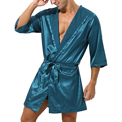 ranrann Herren Satin Pyjama Schlafanzug Kurz/Lang Bademantel Morgenmantel mit Gürtel Sexy Männer Nachthemd Sommer Erotik Nachtwäsche Türkis D_mit Shorts M von ranrann